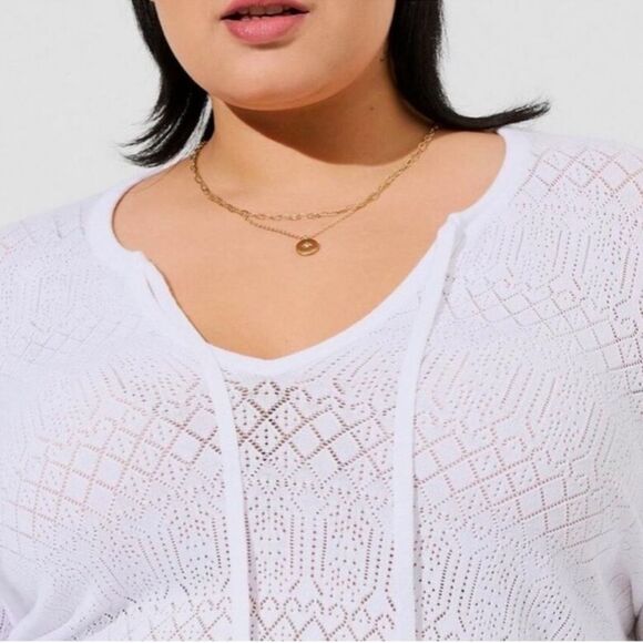 Torrid Pointelle White Tie Neck Lightweight Sweater Pullover - Picture 4 of 9